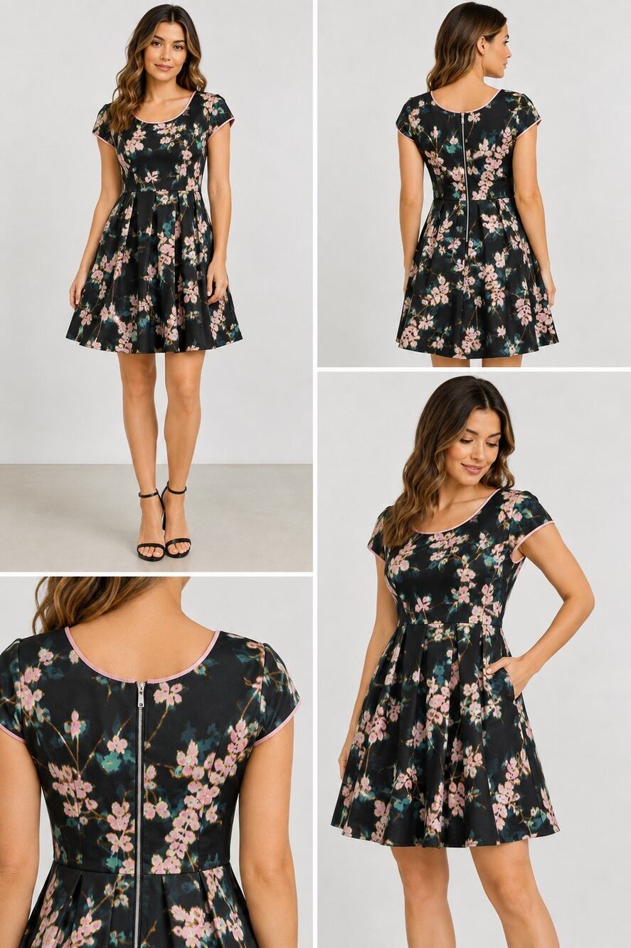 Adrianna Papell Size 10 Black Pink Floral Fit & Flare Dress Pleated Back Zip